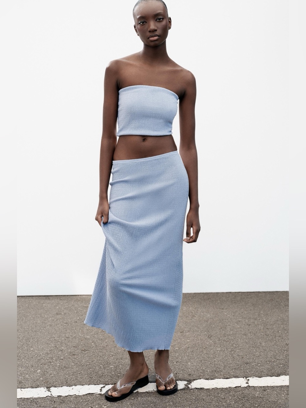 Light Blue Ribbed Maxi Skirt and Crop Top  - Women Matching Set